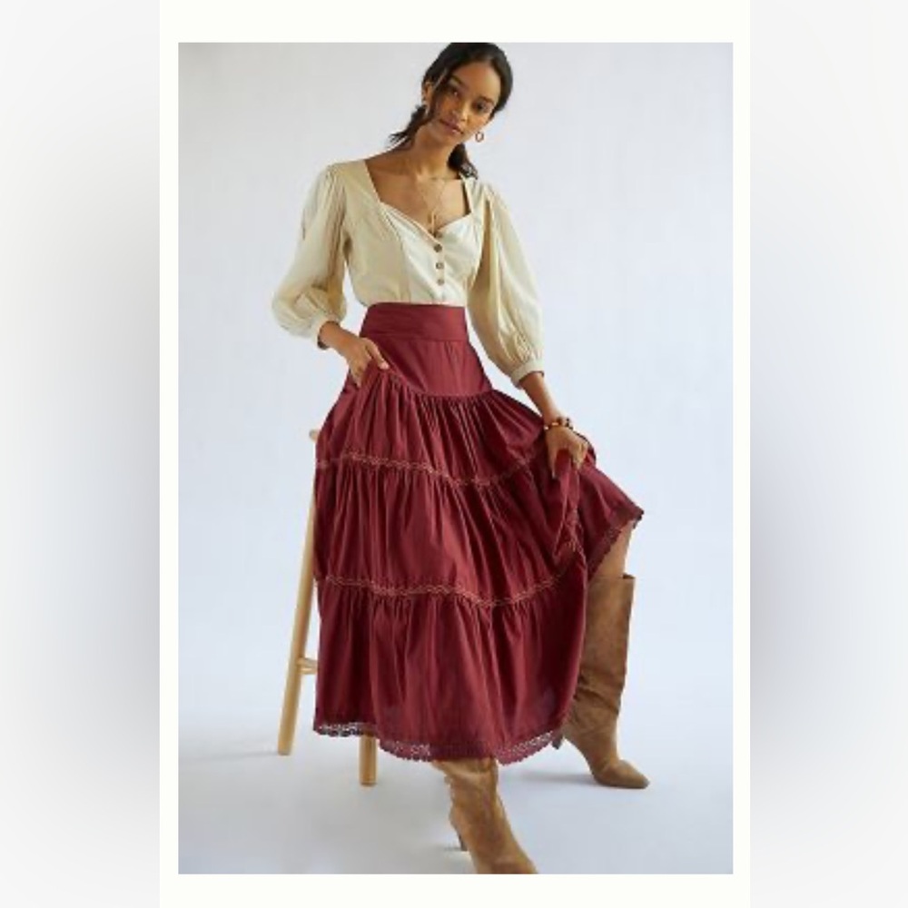 Anthropologie Tiered Lace Maxi Skirt (XL)